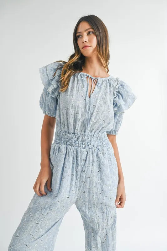 MABLE Eyelet Lace Ruffle Shoulder Jumpsuit