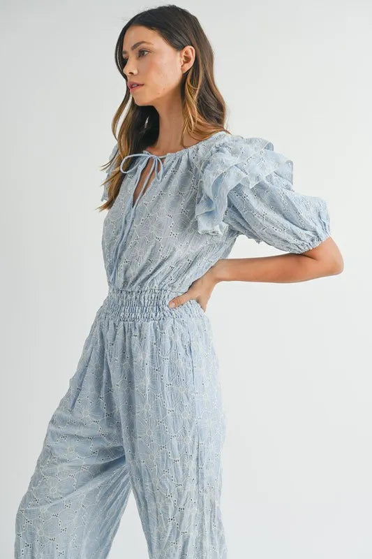 MABLE Eyelet Lace Ruffle Shoulder Jumpsuit