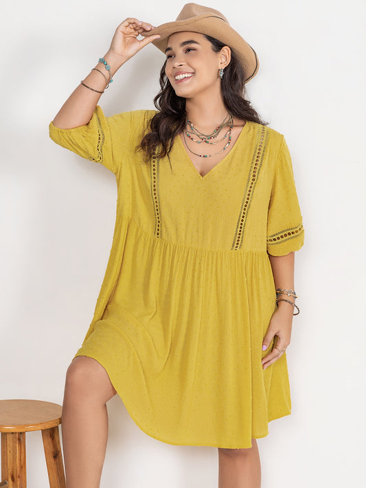 Plus Size Eyelet Swiss Dot Half Sleeve Mini Dress Yellow