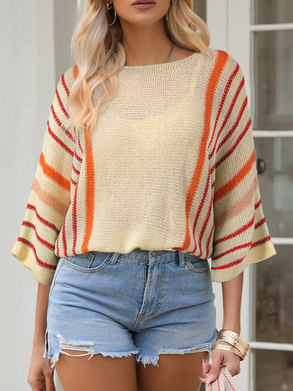 Striped Boat Neck Three-Quarter Sleeve Knit Top Pastel Yellow