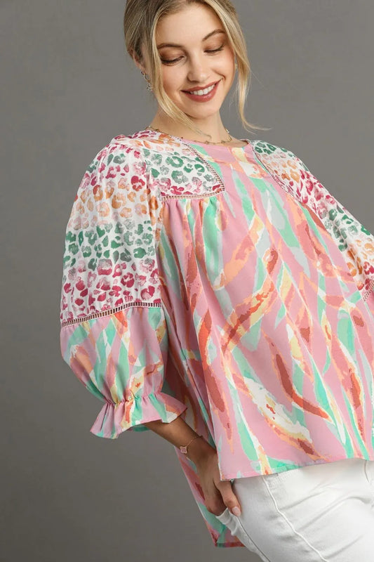 Umgee Full Size Mixed Print Lace Trim Top Plus Size
