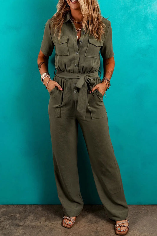 Half Button Belted Utility Short Sleeve Jumpsuit Army Green