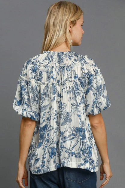 Umgee Full Size Floral Print Metallic Ruffle Blouse Plus Size
