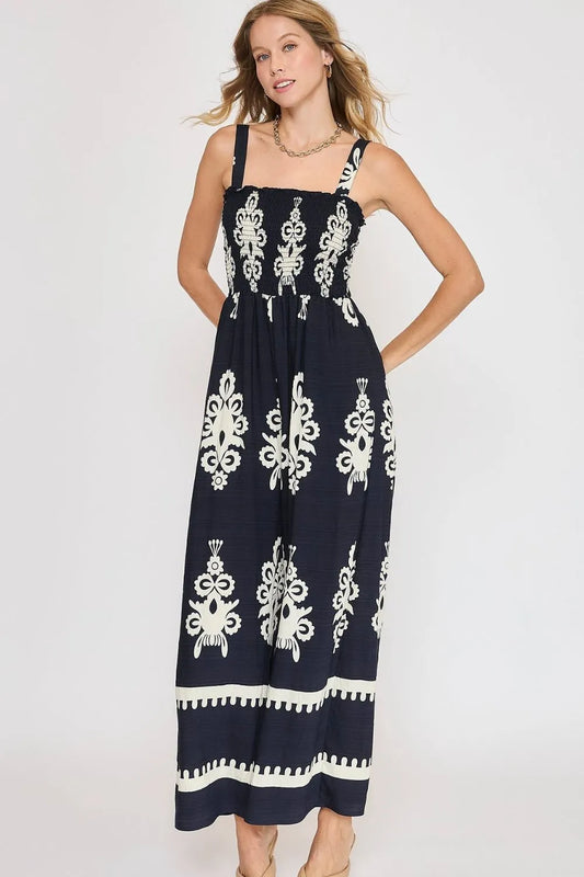 Umgee Full Size Smocked Printed Wide Leg Jumpsuit Plus Size Dark Navy