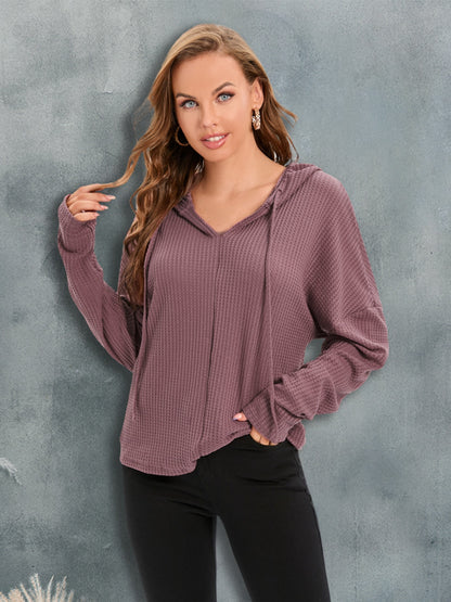 Waffle-Knit Drawstring Drop Shoulder Hoodie Moonlit Mauve