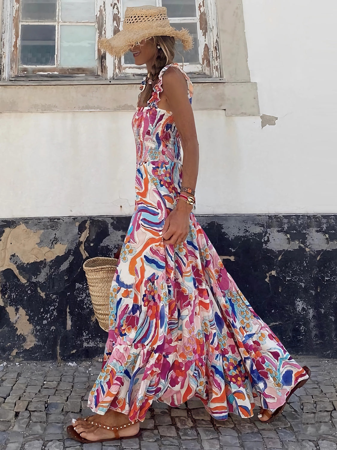Smocked Printed Square Neck Sleeveless Dress Floral