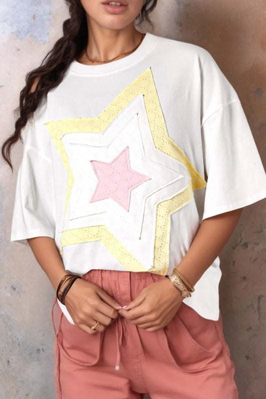Star Layered Patched Graphic Drop Shoulder Half Sleeve Loose Tee White