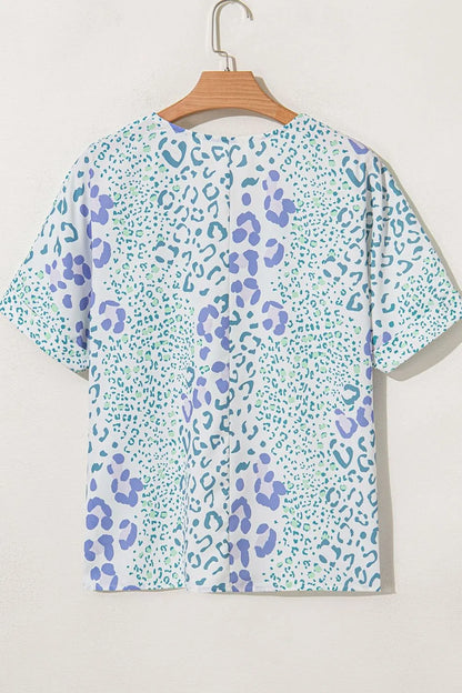 Leopard Print V Neck Short Sleeve Blouse