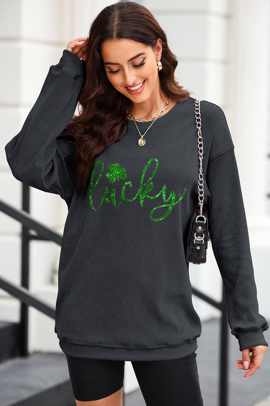 LUCKY Round Neck Dropped Shoulder Sweatshirt Black