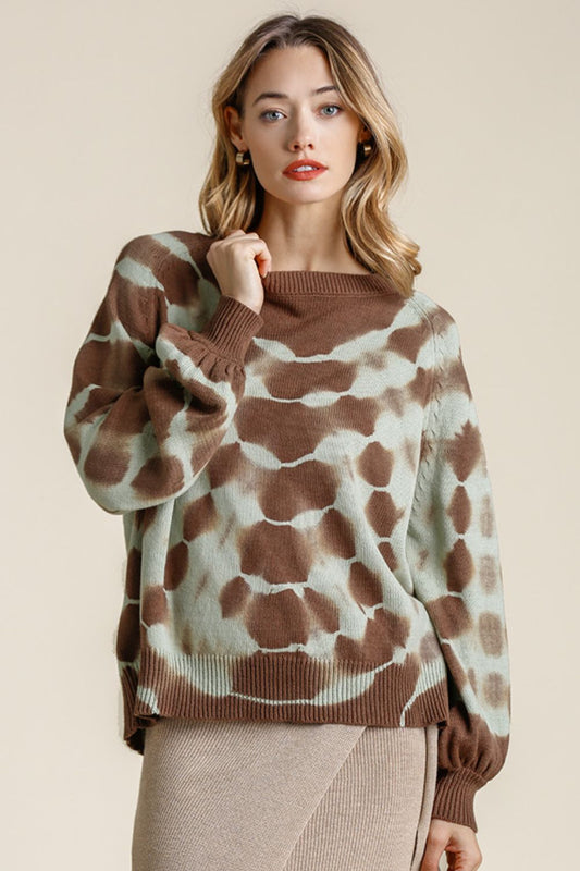 Umgee Full Size Ribbed Hem Tie Dye Round Neck Sweater Plus Size Coffee Brown