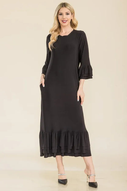 Celeste Full Size Modest Midi Dress with 3/4 Ruffle Bell Sleeves Plus Size BLACK