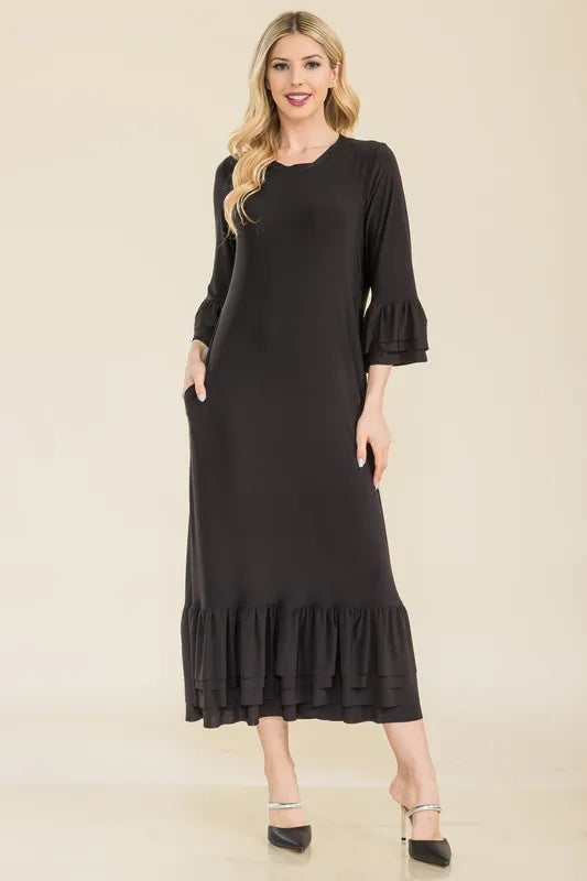 Celeste Full Size Modest Midi Dress with 3/4 Ruffle Bell Sleeves Plus Size BLACK