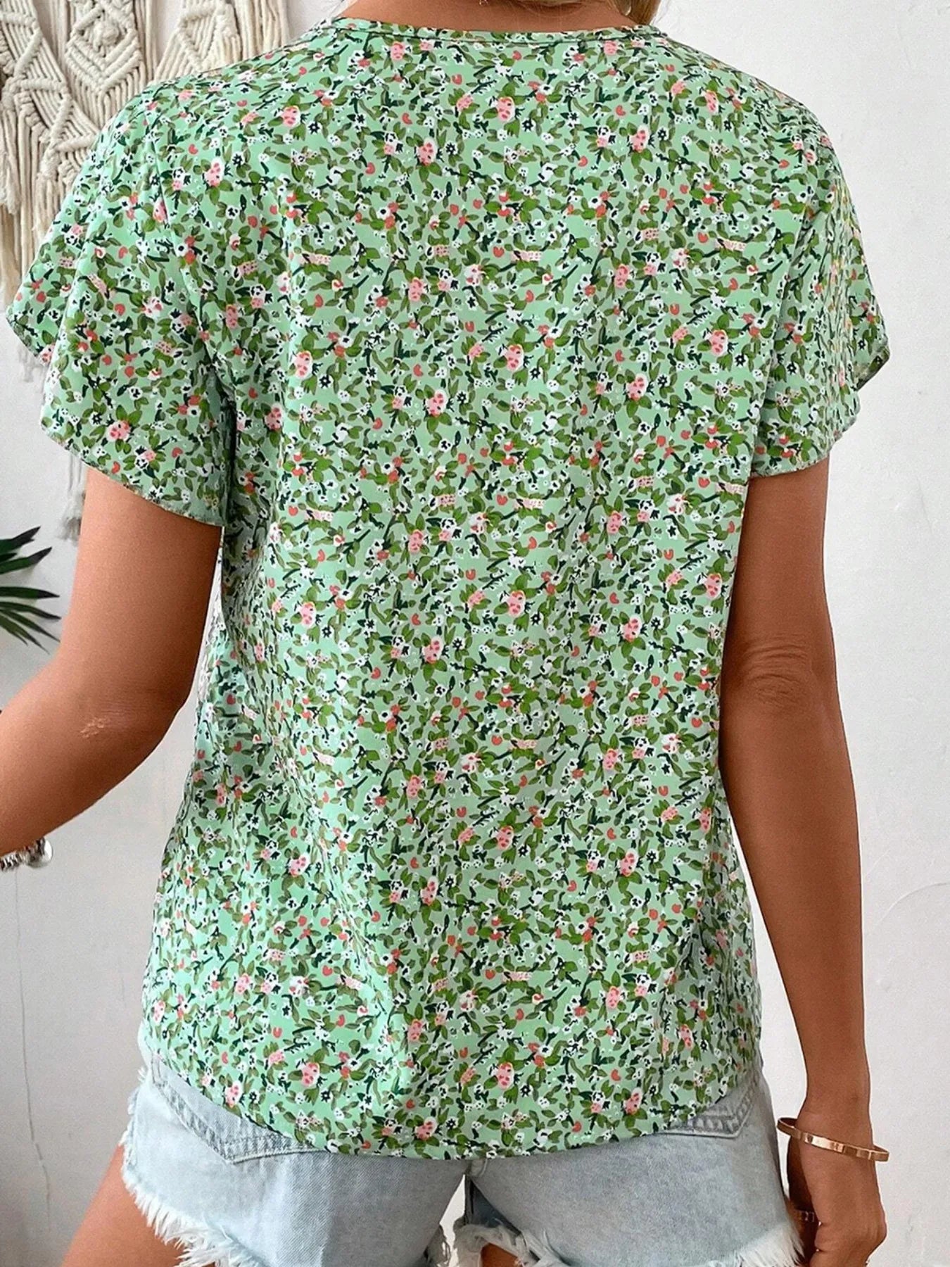 Floral Print V-Neck Short Sleeve Blouse
