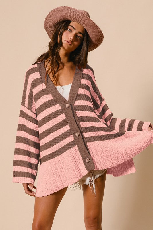 BiBi Slit Striped V-Neck Button Up Cardigan Blush Pink