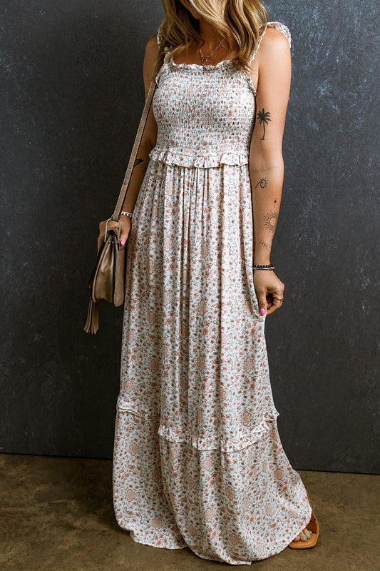 Ruffled Smocked Printed Sleeveless Maxi Dress Floral