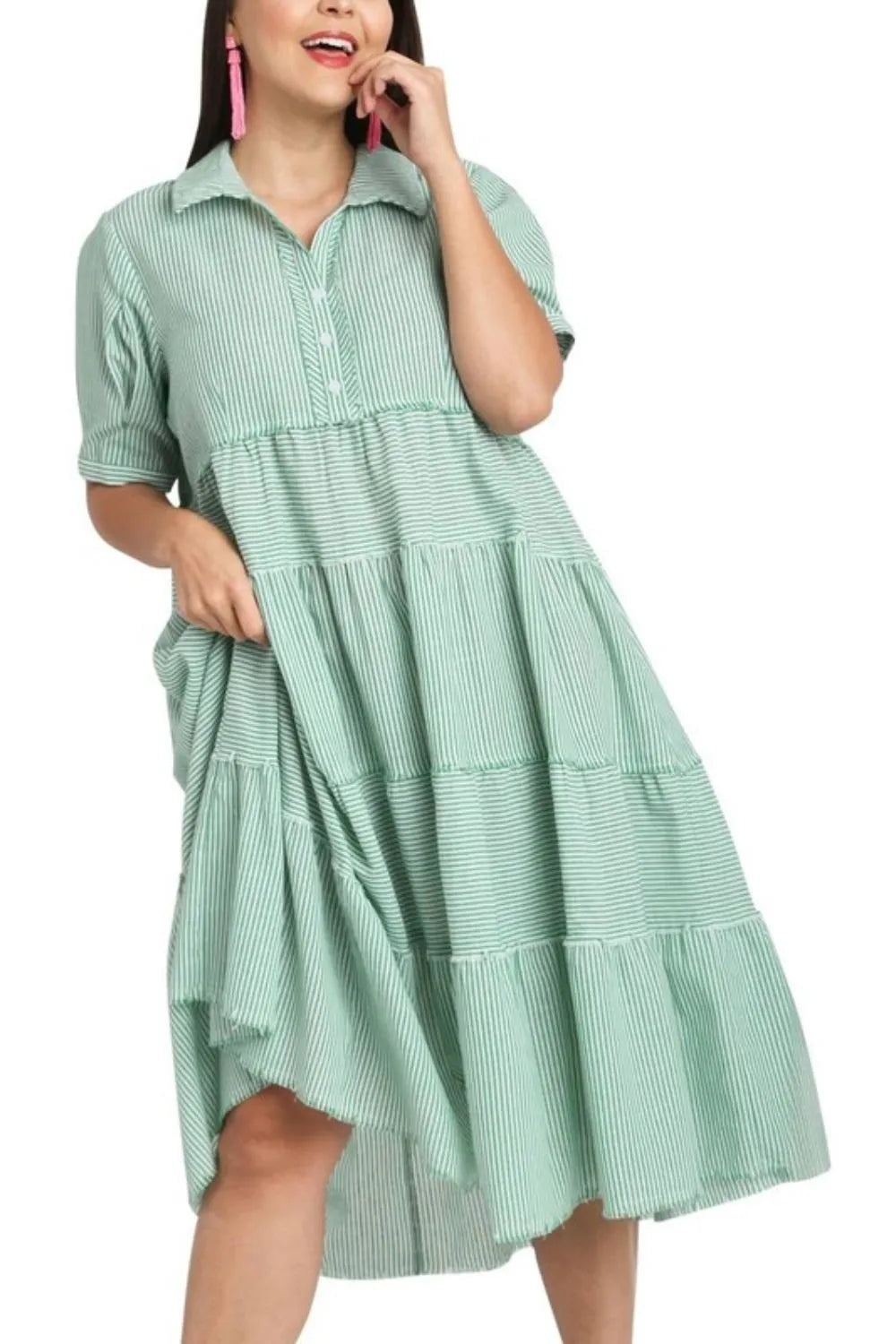 Umgee Full Size Stripe Tiered A-Line Midi Dress Plus Size