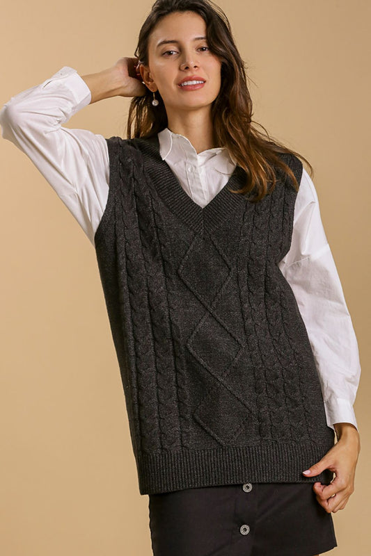 Umgee Full Size Cable V-Neck Vest Sweater Plus Size Black
