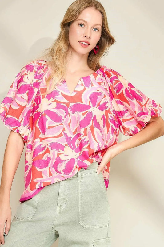 Umgee Floral Notched Puff Sleeve Blouse Fuchsia Pink