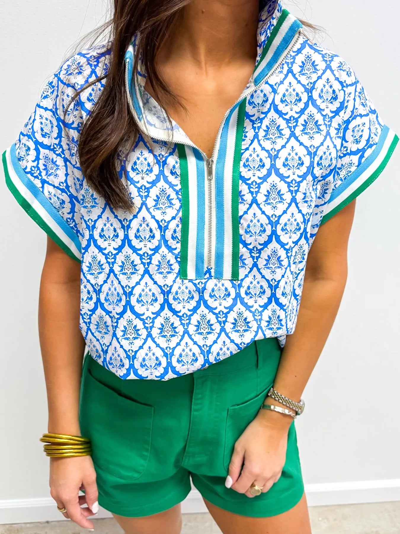 Western Print Zipped Collar Short Sleeve Summer Blouse Top Pastel Blue