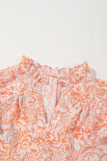 Floral Ruffle Sleeve Split Neck Blouse