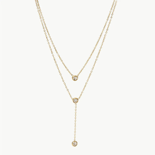 Stainless Steel Zircon Double-Layered Necklace Gold One Size