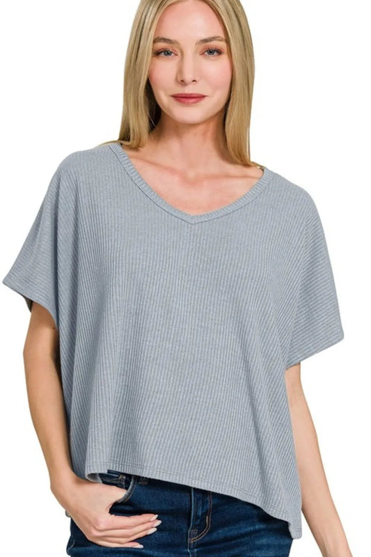 Zenana Ribbed V-Neck Short-Sleeve Knit Top BLUE GREY