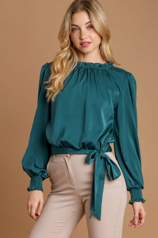 Umgee Frill Tied Hem Long Sleeve Blouse Deep Teal