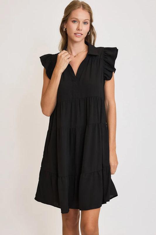 Umgee Full Size Johnny Collar Ruffle Cap Sleeve Tiered Dress Plus Size Black
