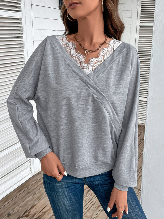 Perfee Lace Detail Long Sleeve Top Cloudy Blue