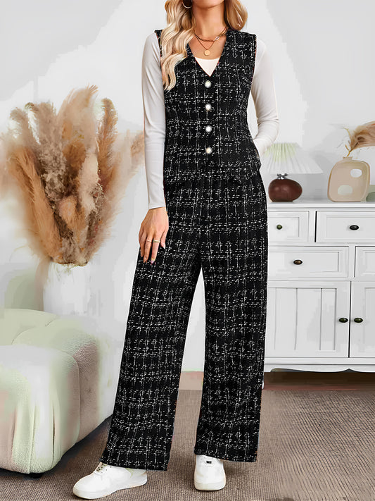 Plaid V-Neck Button Up Vest and Pants Set Black