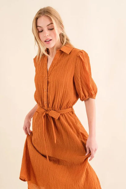 And The Why Waffle Textured Ribbon Waist Midi Dress