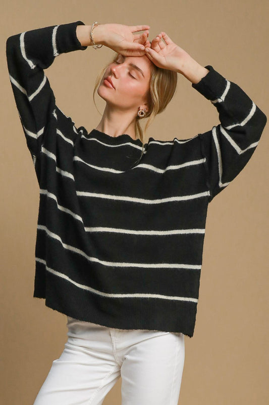 Umgee Wool Blend Striped Round Neck Sweater Black Cream