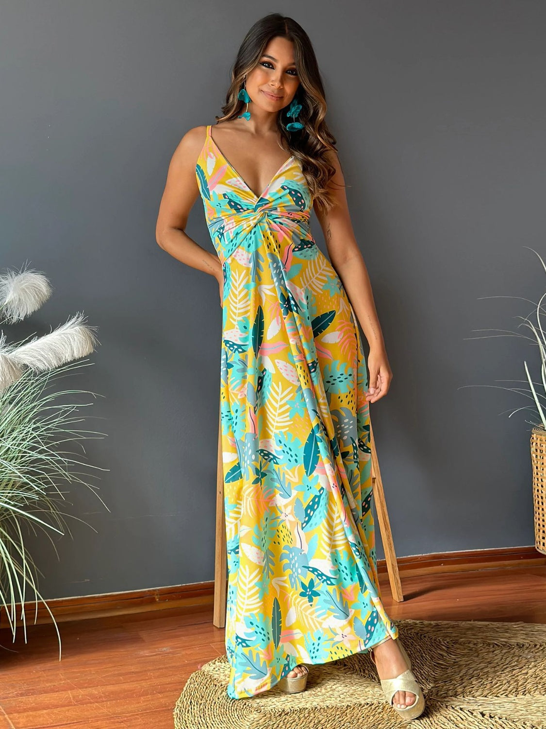 Twisted Printed V-Neck Cami Dress Gold