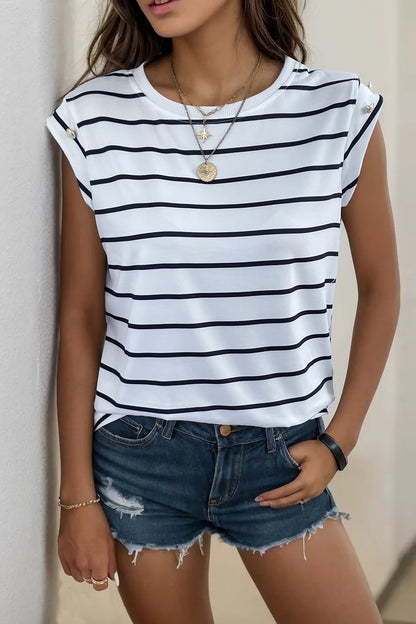 Perfee Decorative Button Round Neck T-Shirt White Black