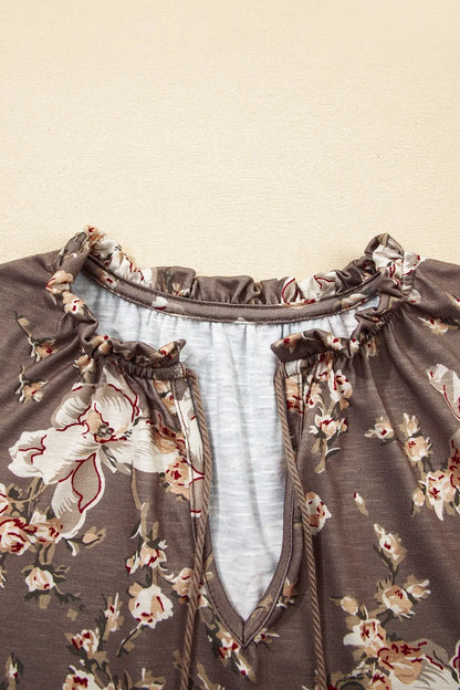 Floral Print Tassel Tie Split Neck Short Sleeve Blouse