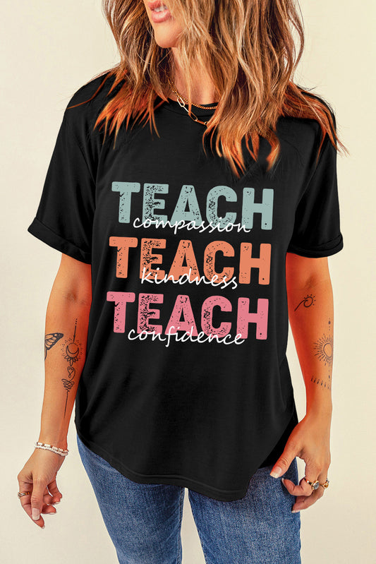 Letter Graphic Round Neck Short Sleeve T-Shirt Black