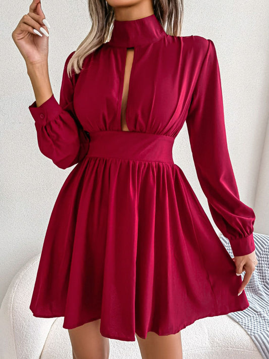 Cutout Turtleneck A-Line Mini Dress Red