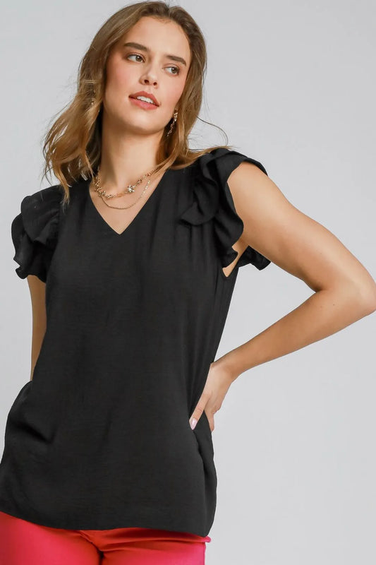 Umgee Full Size V-Neck Double Layered Ruffle Sleeve Blouse Plus Size Black