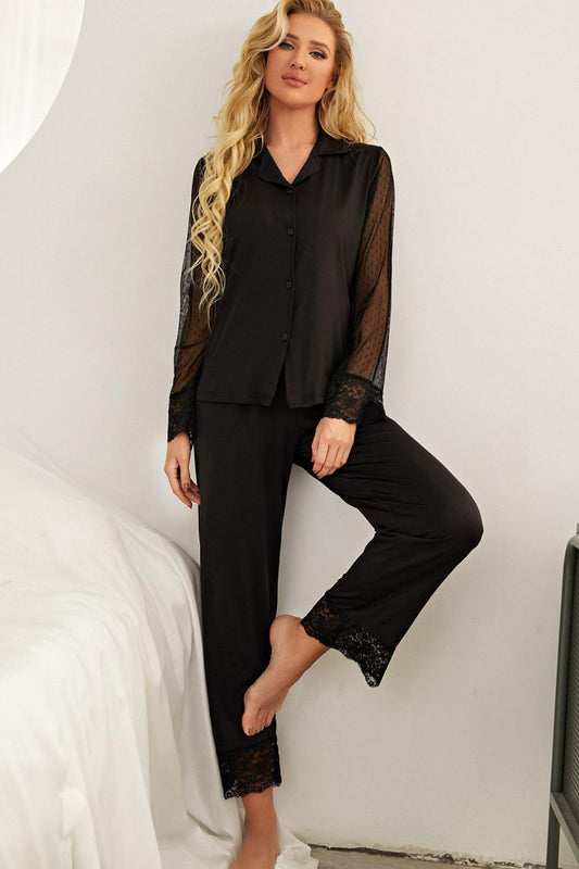 Spliced Lace Lapel Collar Pajama Set Black