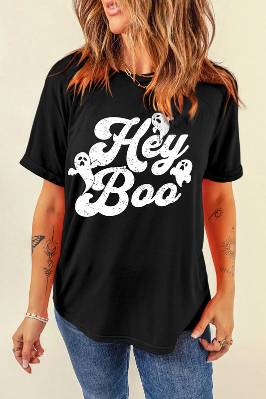 Letter Graphic Round Neck Short Sleeve T-Shirt Black