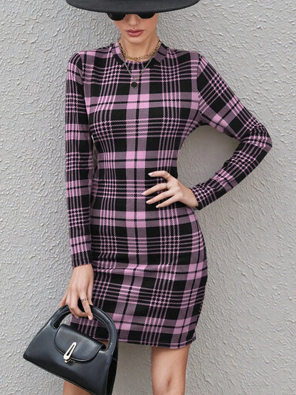 Long Sleeve Plaid Bodycon Mini Dress Pink Purple