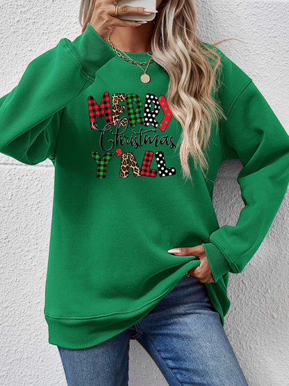 Letter Graphic Round Neck Long Sleeve Sweatshirt Green