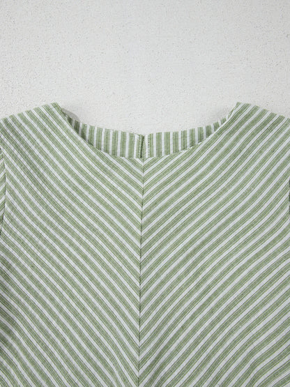 Stripe Textured Round Neck Short Puff Sleeve Blouse