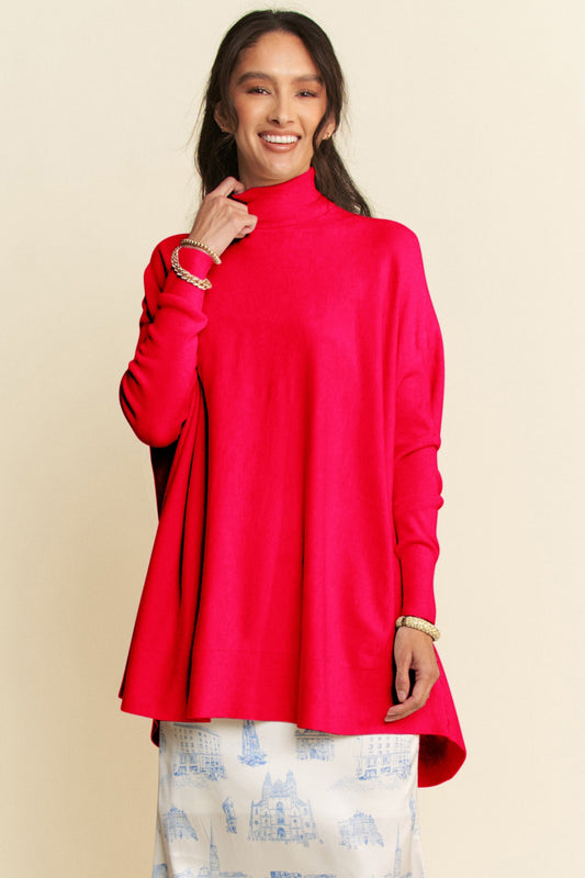 Davi & Dani High-Low Turtleneck Long Sleeve Knit Top Hot Pink