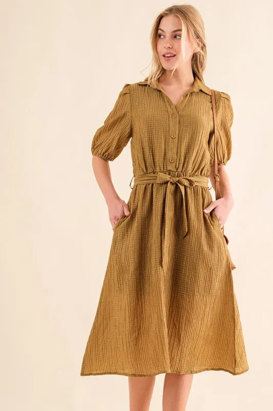 And The Why Waffle Textured Ribbon Waist Midi Dress Dk Hemp