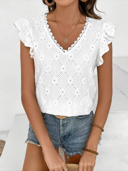 Ruffled Eyelet V-Neck Cap Sleeve Blouse