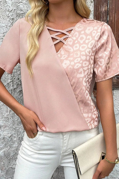 Leopard Jacquard Patchwork Crisscross V Neck Short Sleeve Blouse Dusty Pink
