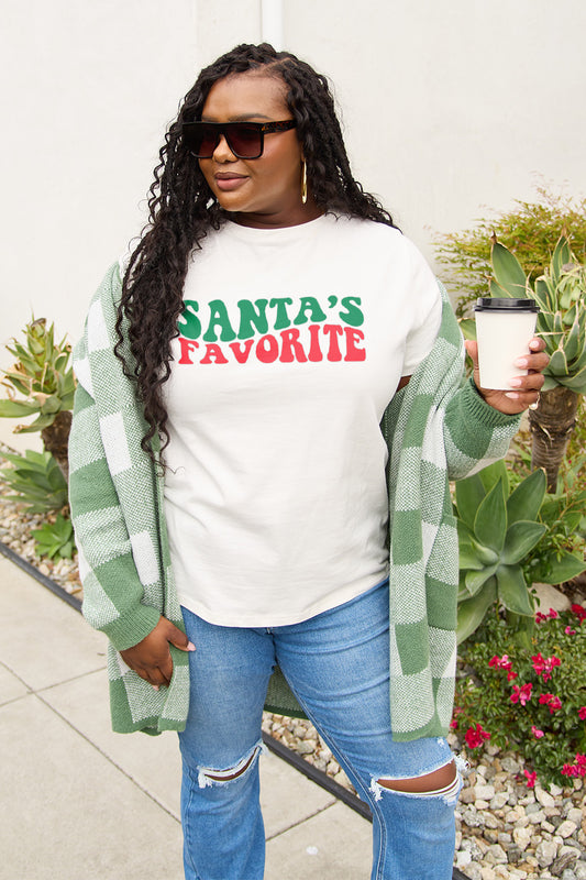 Simply Love Full Size SANTA'S FAVORITE Round Neck T-Shirt White