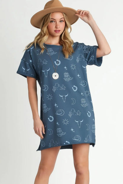 Umgee Full Size French Terry Short Sleeve Round Neck Dress Plus Size Peacock Blue