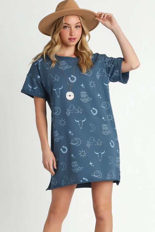 Umgee Full Size French Terry Short Sleeve Round Neck Dress Plus Size Peacock Blue